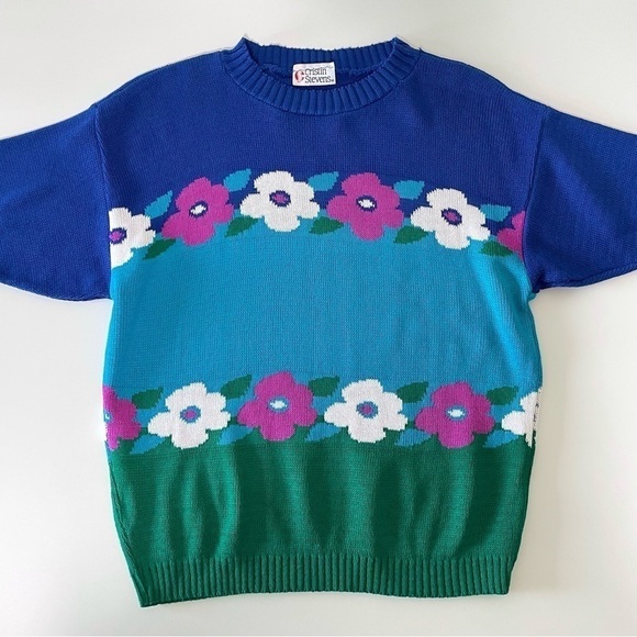 Vintage Cristin Stevens 80’s 90’s Floral Knit Short Sleeve Sweater Top - Picture 8 of 14